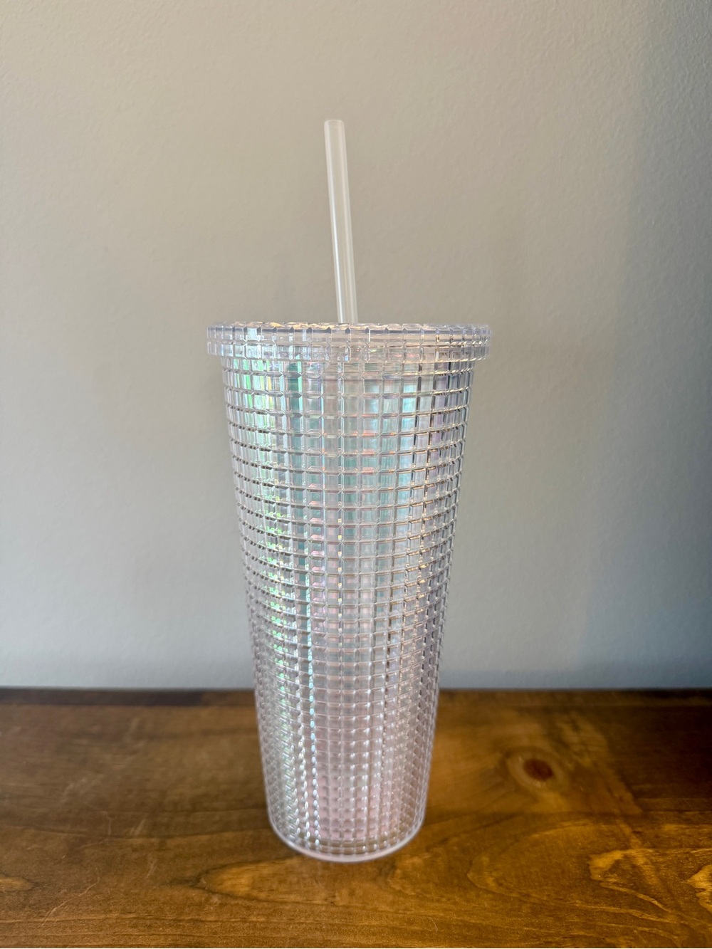 Platinum Iridescent Studded Grid Disco Venti Tumbler Cup, 24 oz with Lid & Straw